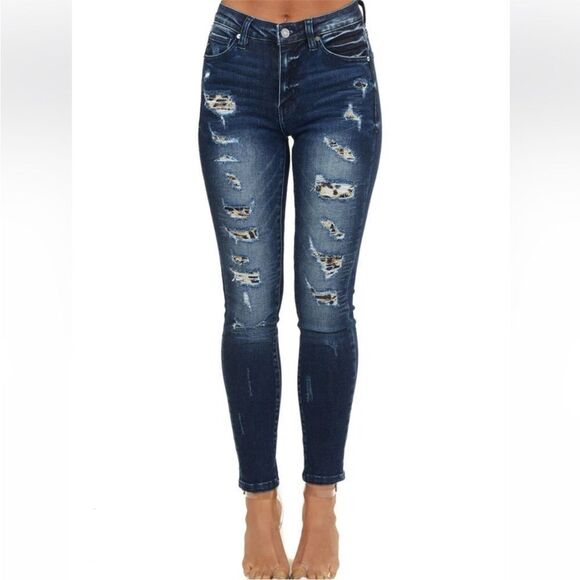 KANCAN | Distressed Leopard Animal Print Stretch Skinny Jeans Women’s Size 3/25 - Picture 2 of 13